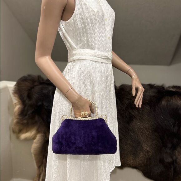 Purple Handmade Genuine Shearling Kisslock Top Handle bag/Shoulder Bag/Crossbody - Picture 10 of 16